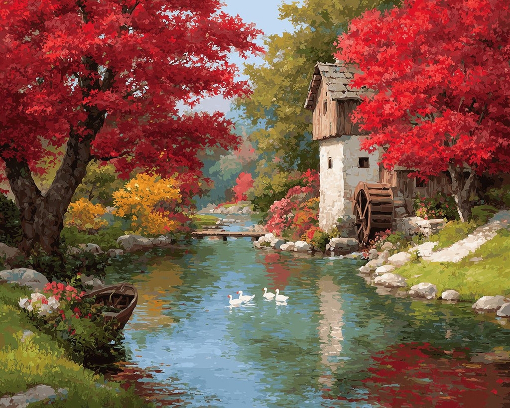 Fluss und kleines Haus im Wald Malen nach Zahlen