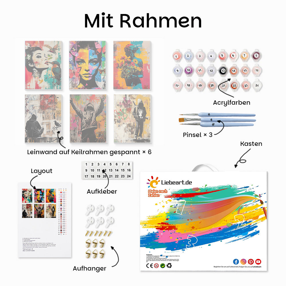 Frau und Mann im Graffiti-Stil 6 Stück Mini Malen nach Zahlen