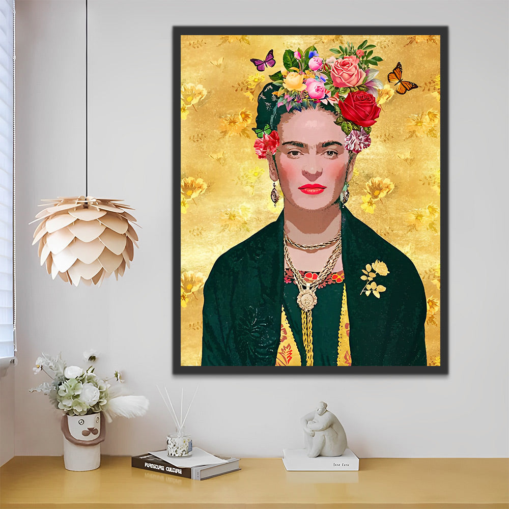 Frida Kahlo auf goldenem Hintergrund Malen nach Zahlen