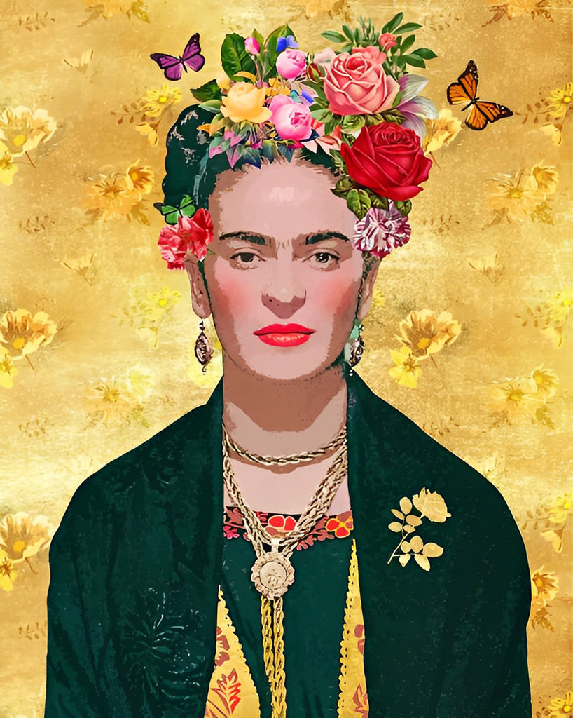 Frida Kahlo auf goldenem Hintergrund Malen nach Zahlen