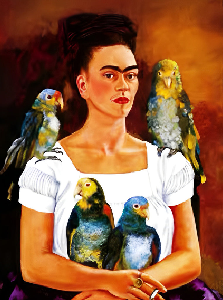 Frida Kahlo mit vier Papageien Malen nach Zahlen