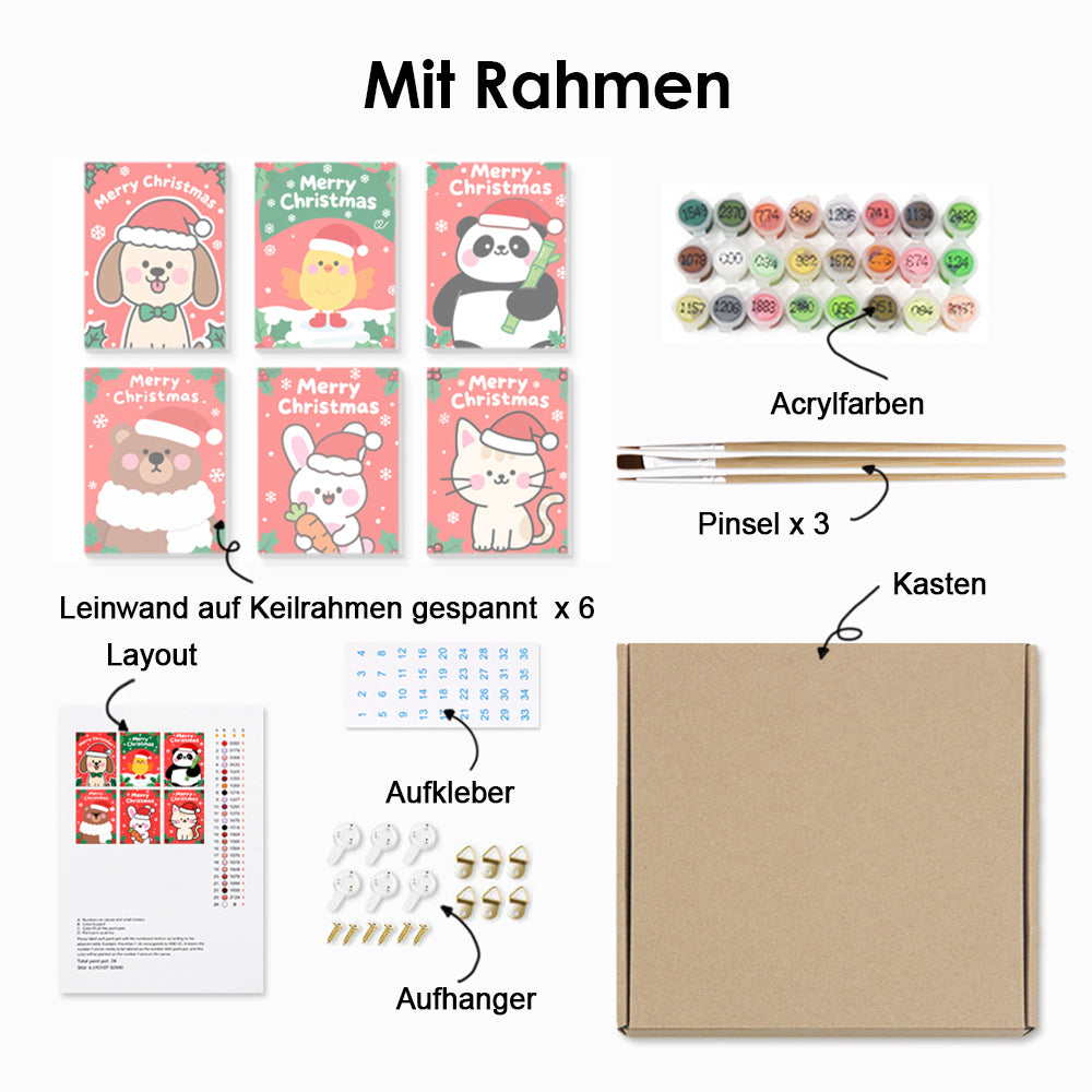 Fröhliche Weihnachten für Cartoon-Tiere 6 Stück Mini Malen nach Zahlen