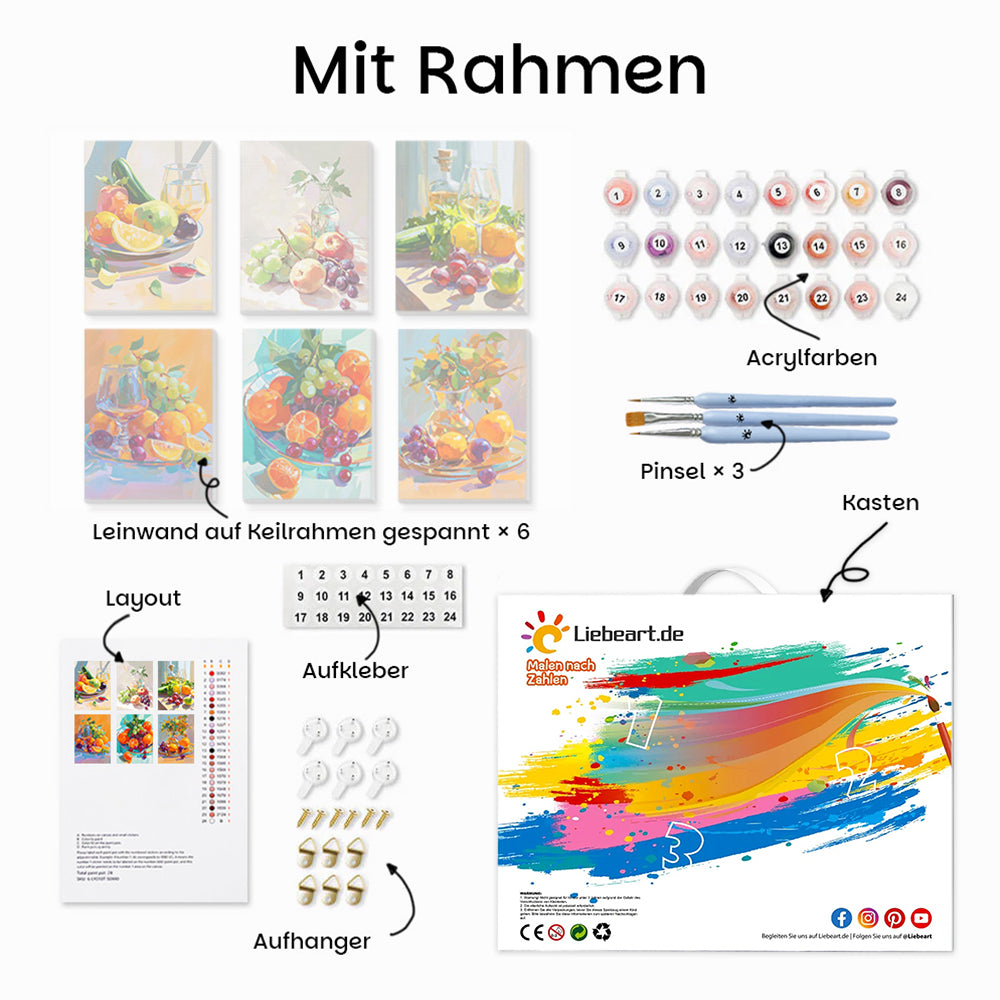 Früchtestillleben 6 Stück Mini Malen nach Zahlen