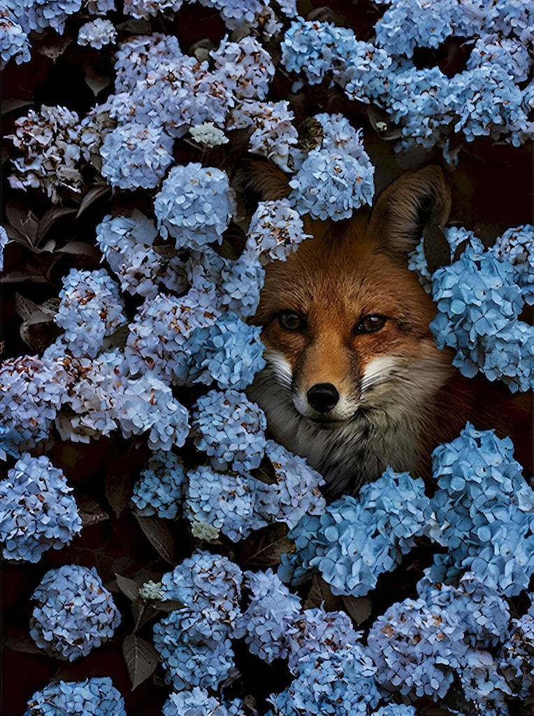 Fuchs in blauen Hortensien Malen nach Zahlen