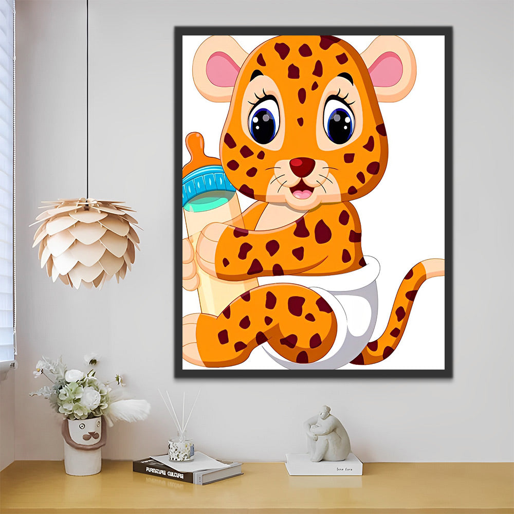 Für Kinder Cartoon Leopard mit Milchflasche Malen nach Zahlen