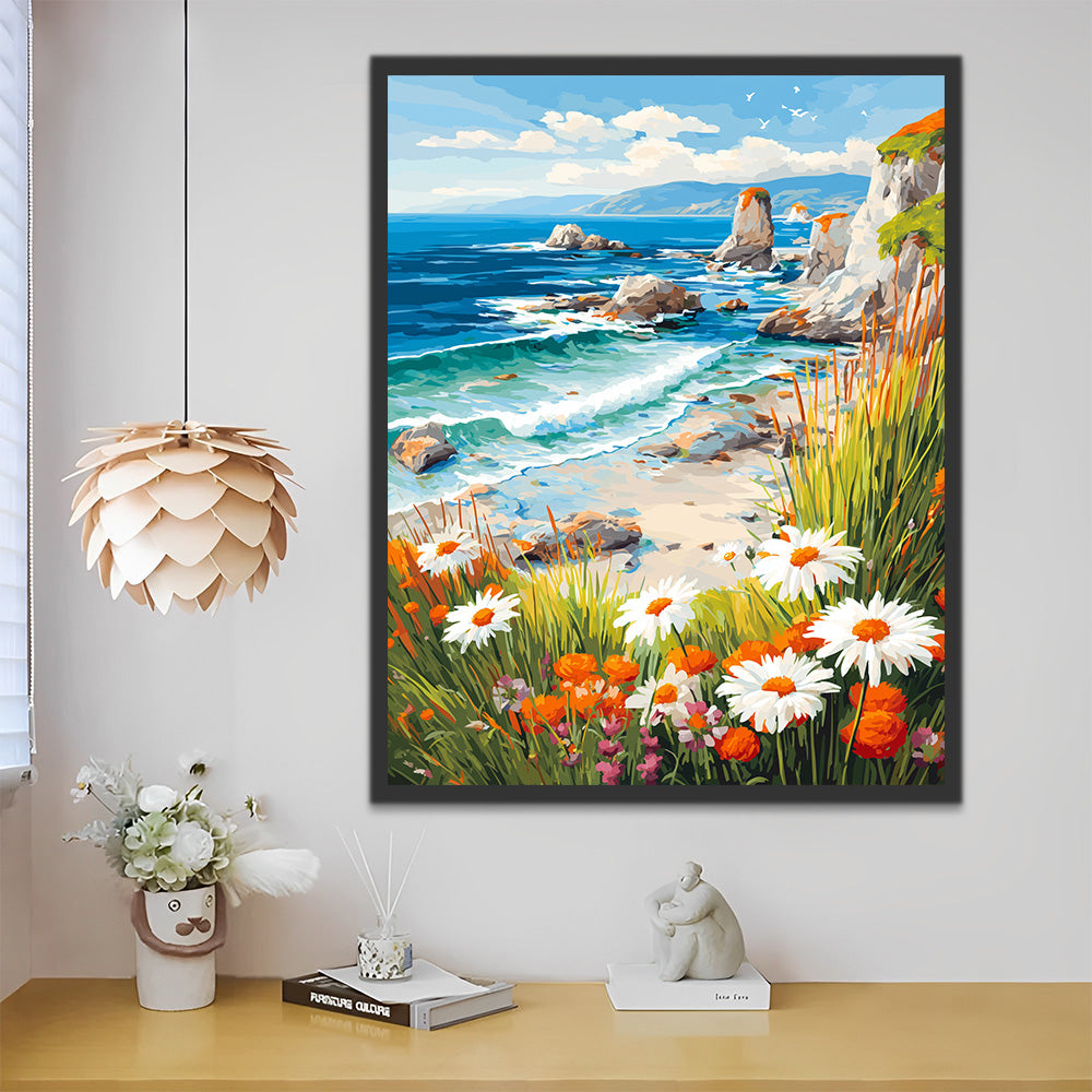 Gänseblümchen auf den Felsen am Meer Malen nach Zahlen