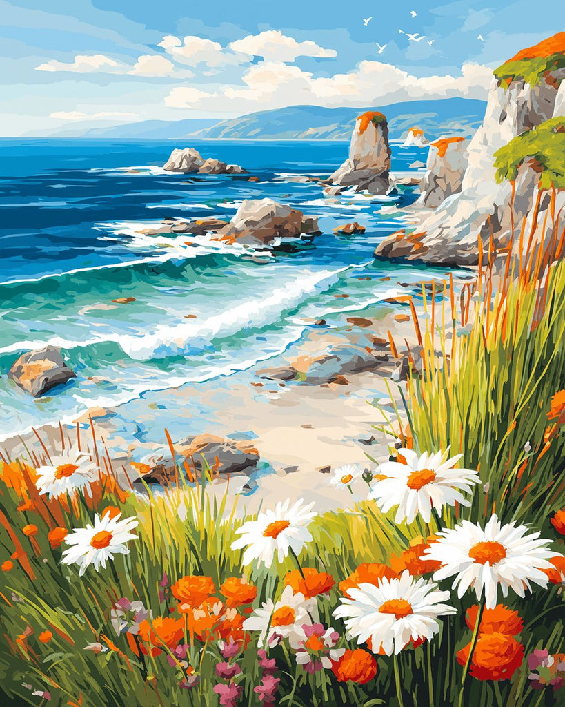 Gänseblümchen auf den Felsen am Meer Malen nach Zahlen