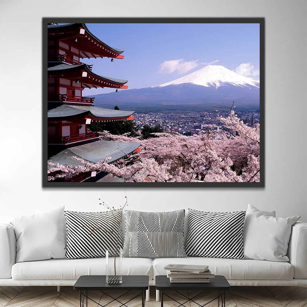 Gebäude neben dem Mount Fuji Malen nach Zahlen