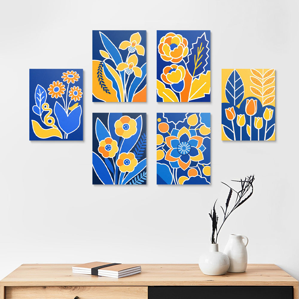 Gelbe Blumen auf einem Blauen Hintergrund 6 Stück Mini Malen nach Zahlen
