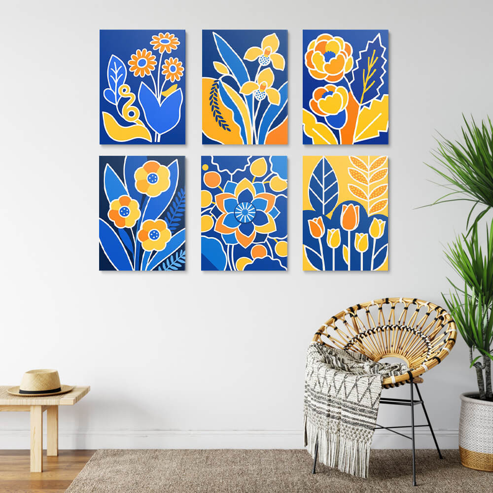 Gelbe Blumen auf einem Blauen Hintergrund 6 Stück Mini Malen nach Zahlen