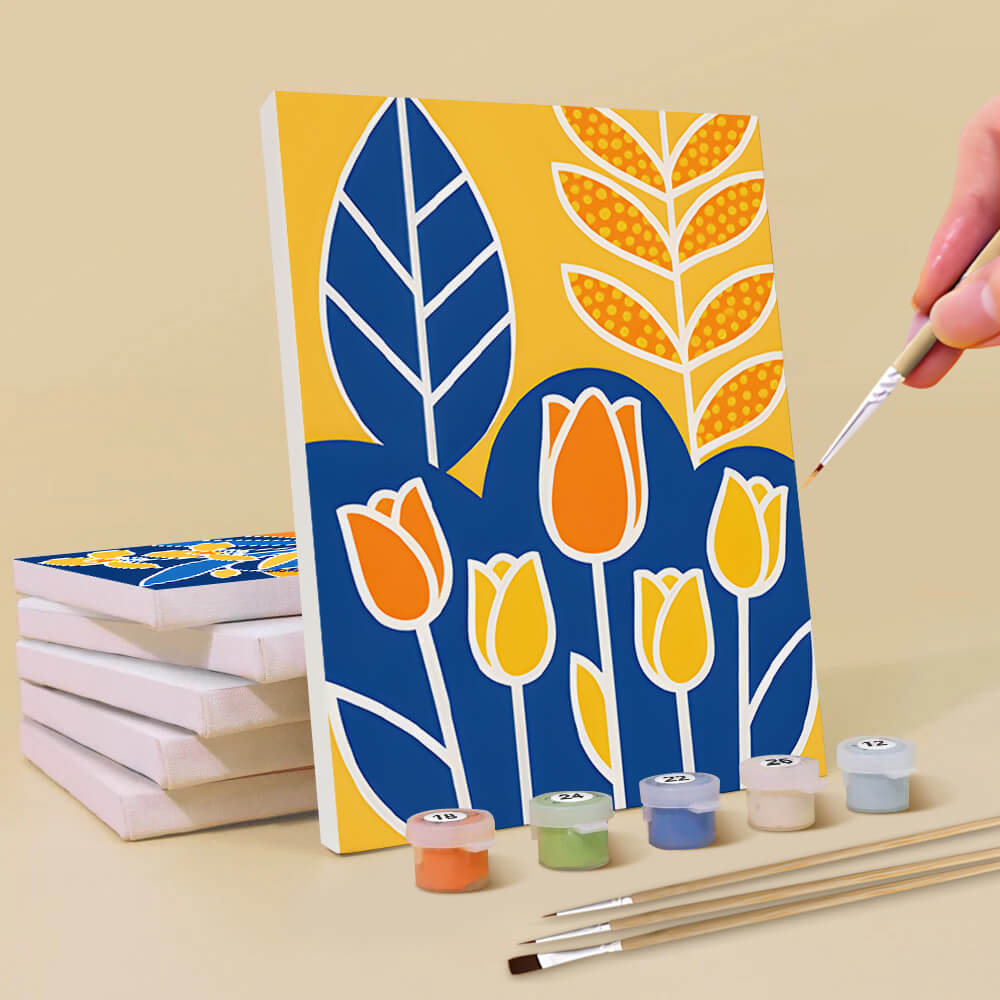 Gelbe Blumen auf einem Blauen Hintergrund 6 Stück Mini Malen nach Zahlen