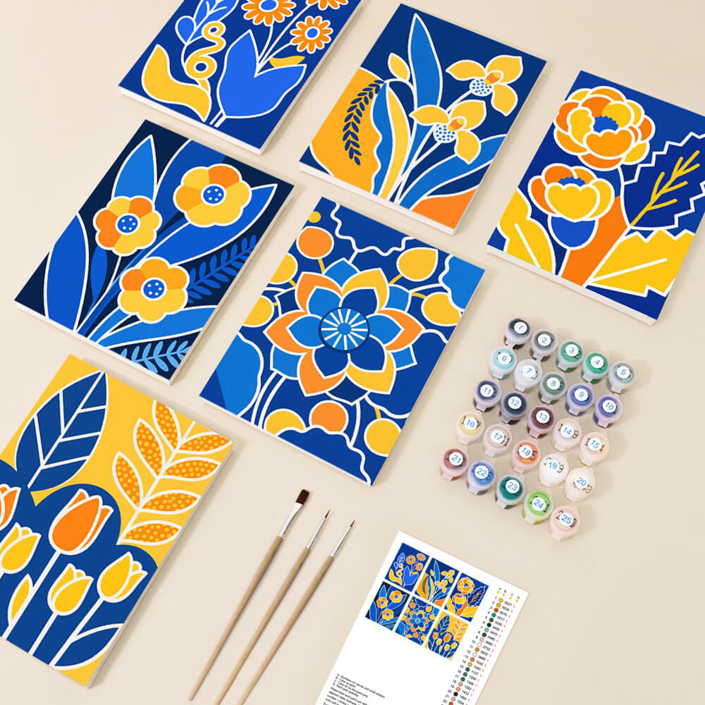 Gelbe Blumen auf einem Blauen Hintergrund 6 Stück Mini Malen nach Zahlen