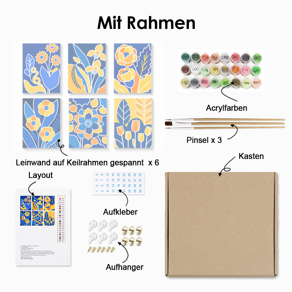 Gelbe Blumen auf einem Blauen Hintergrund 6 Stück Mini Malen nach Zahlen