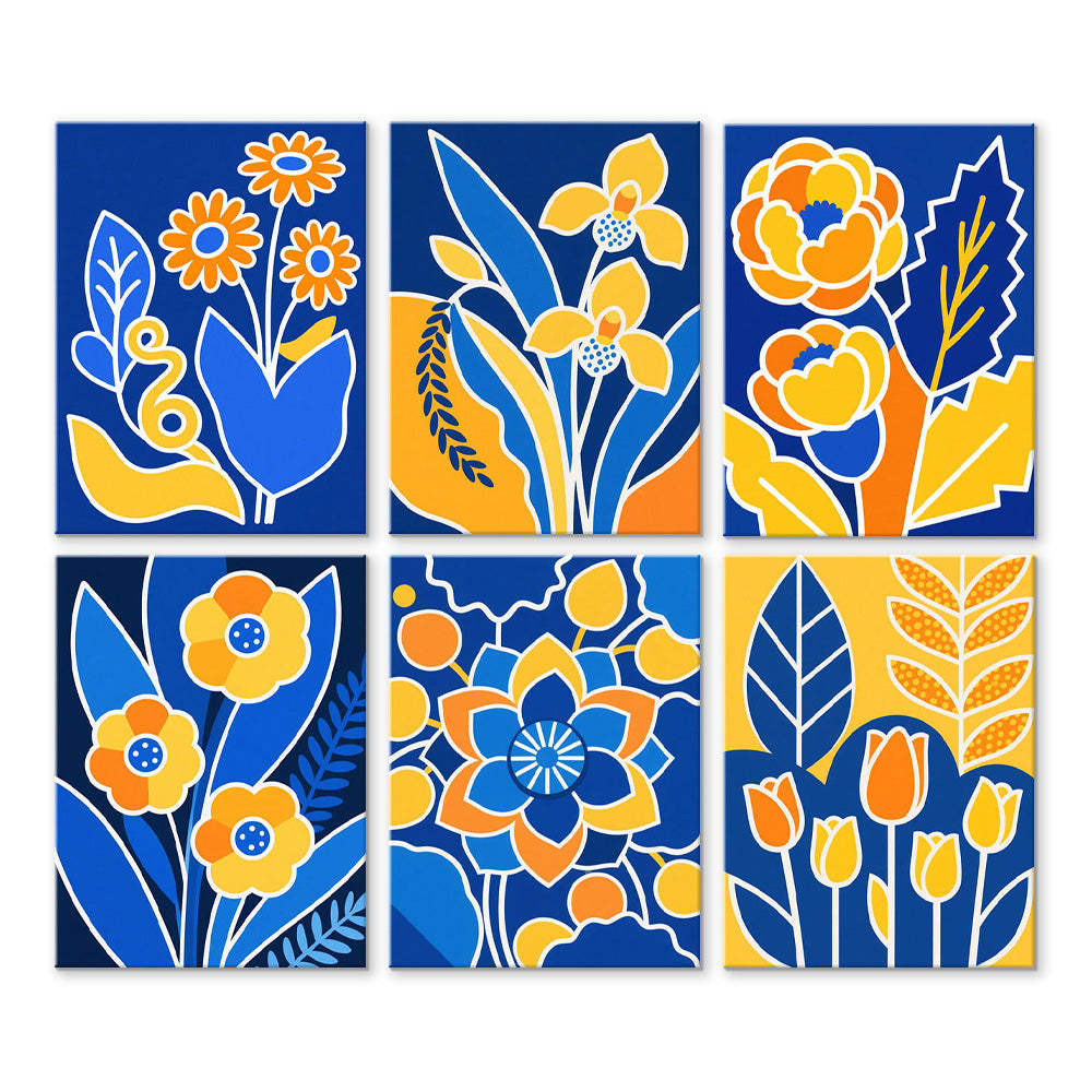 Gelbe Blumen auf einem Blauen Hintergrund 6 Stück Mini Malen nach Zahlen
