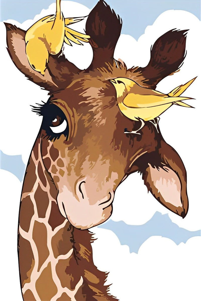 Gelbe Vögel auf der Giraffe Malen nach Zahlen