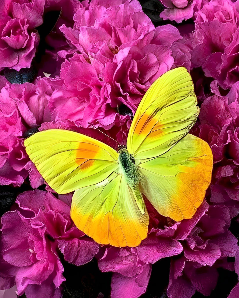 Gelber Schmetterling und rosa Blumen Malen nach Zahlen