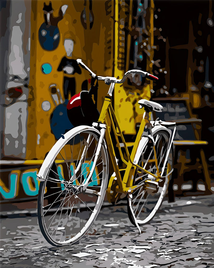 Gelbes Fahrrad auf der Straße Malen nach Zahlen