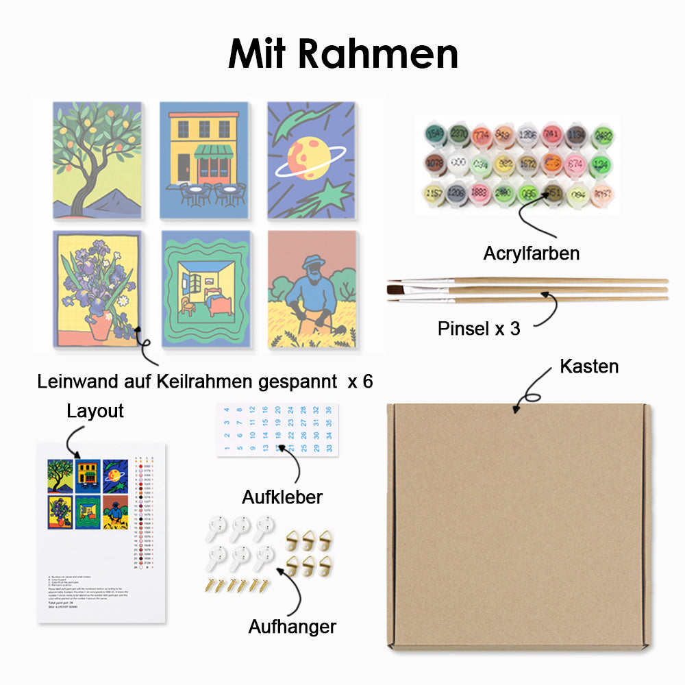 Gemälde im Van-Gogh-Stil 6 Stück Mini Malen nach Zahlen