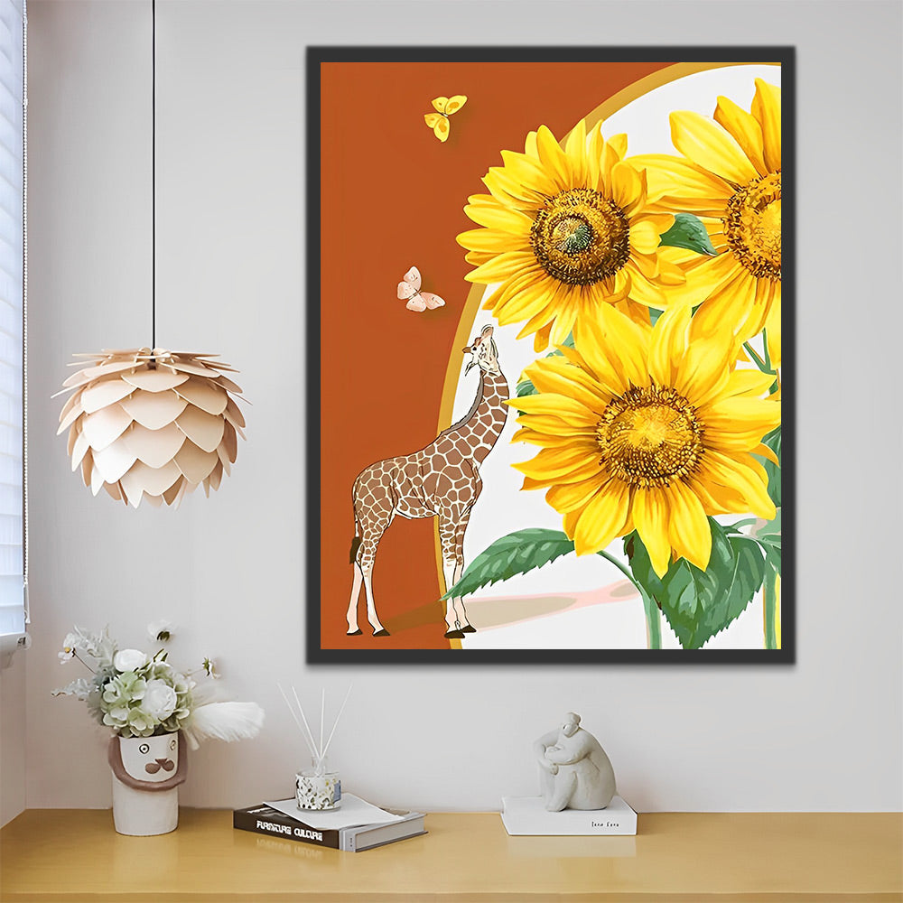 Giraffe, Schmetterlinge und Sonnenblumen Malen nach Zahlen