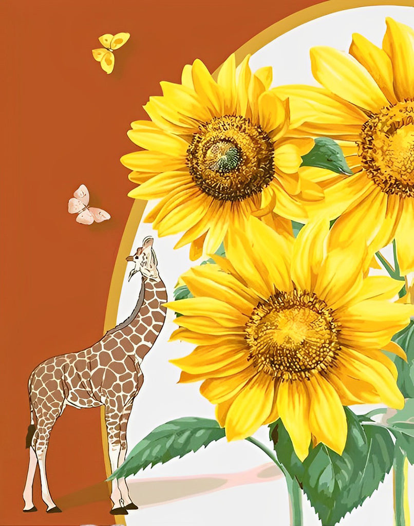 Giraffe, Schmetterlinge und Sonnenblumen Malen nach Zahlen