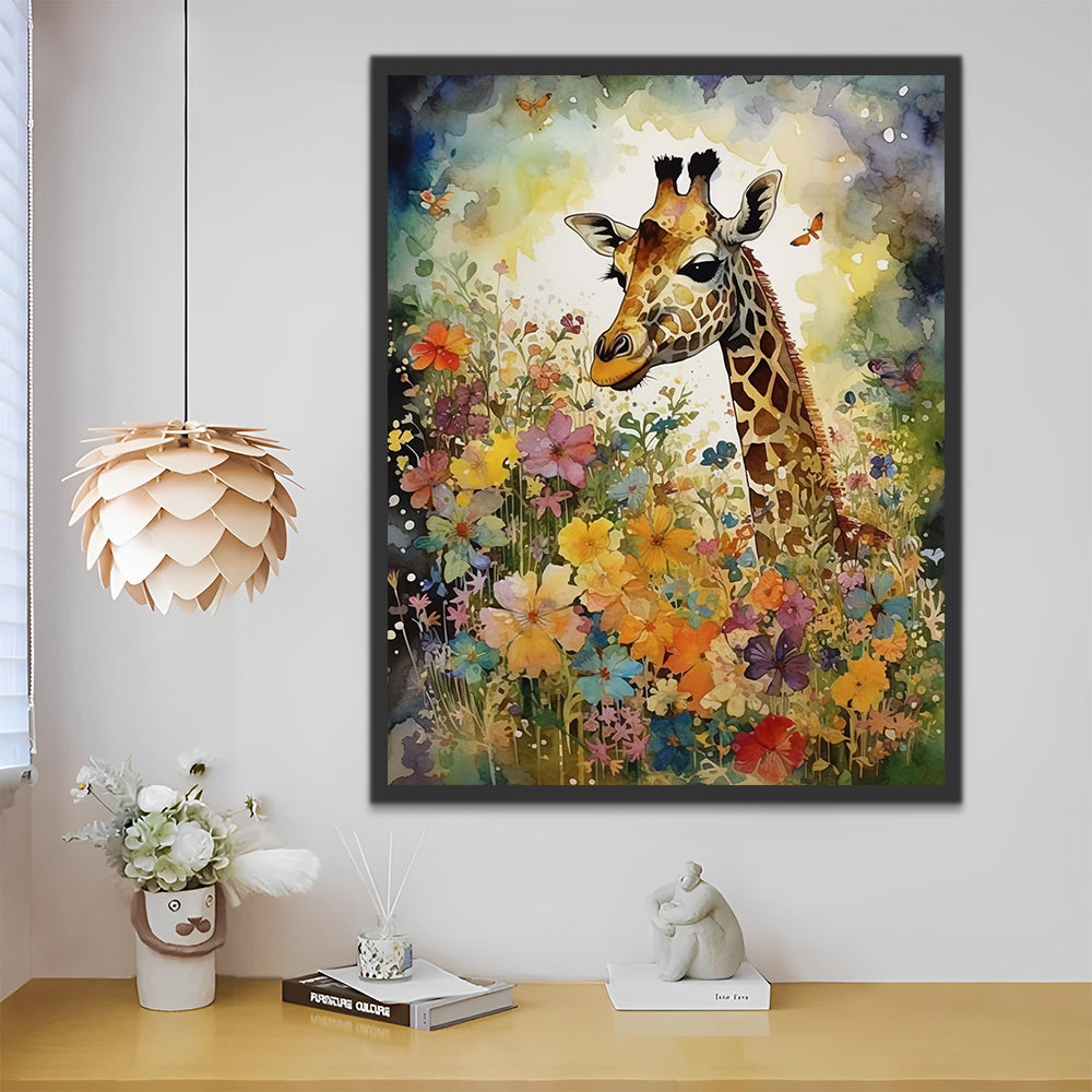 Giraffe und Blumen Dunkler Hintergrund Malen nach Zahlen