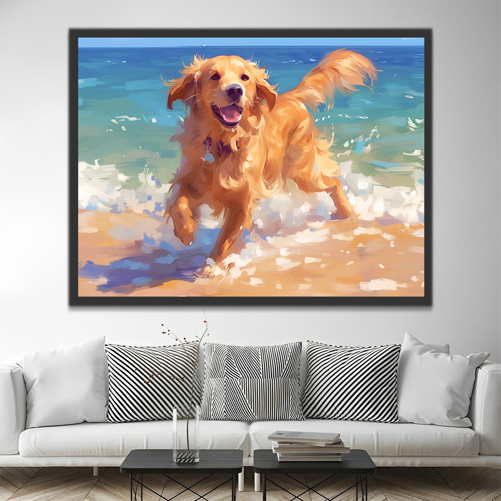 Glücklicher Golden Retriever beim Spielen im Meerwasser Malen nach Zahlen