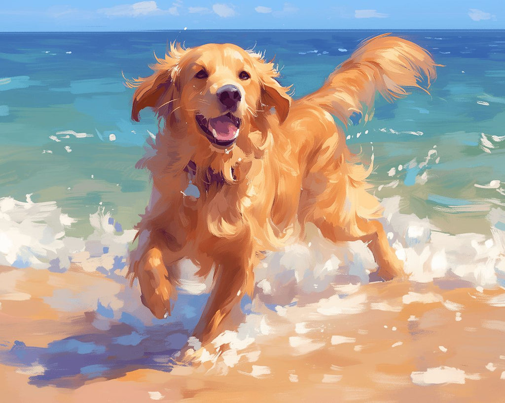 Glücklicher Golden Retriever beim Spielen im Meerwasser Malen nach Zahlen