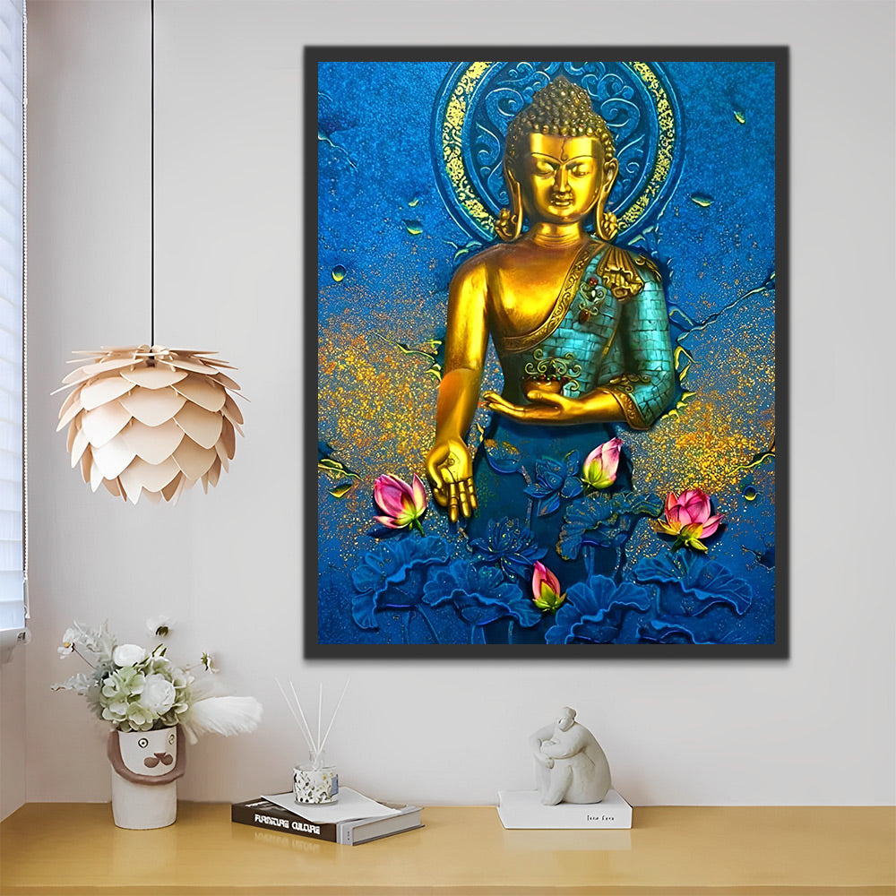 Goldene Buddha-Statue und rosa Lotusblumen Malen nach Zahlen