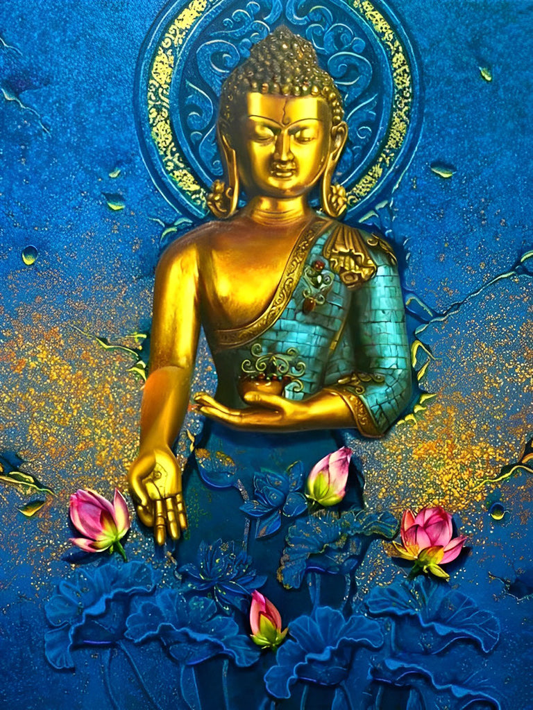 Goldene Buddha-Statue und rosa Lotusblumen Malen nach Zahlen