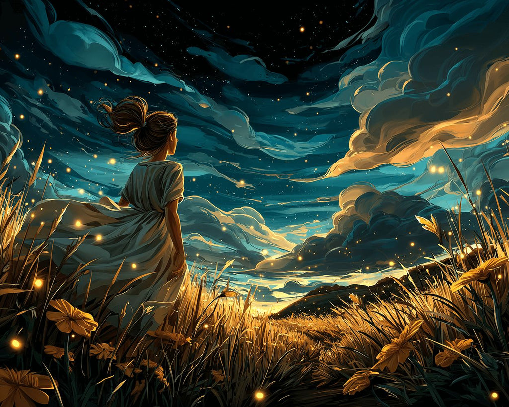 Goldene Felder und Mädchen unter dunklen Wolken Malen nach Zahlen