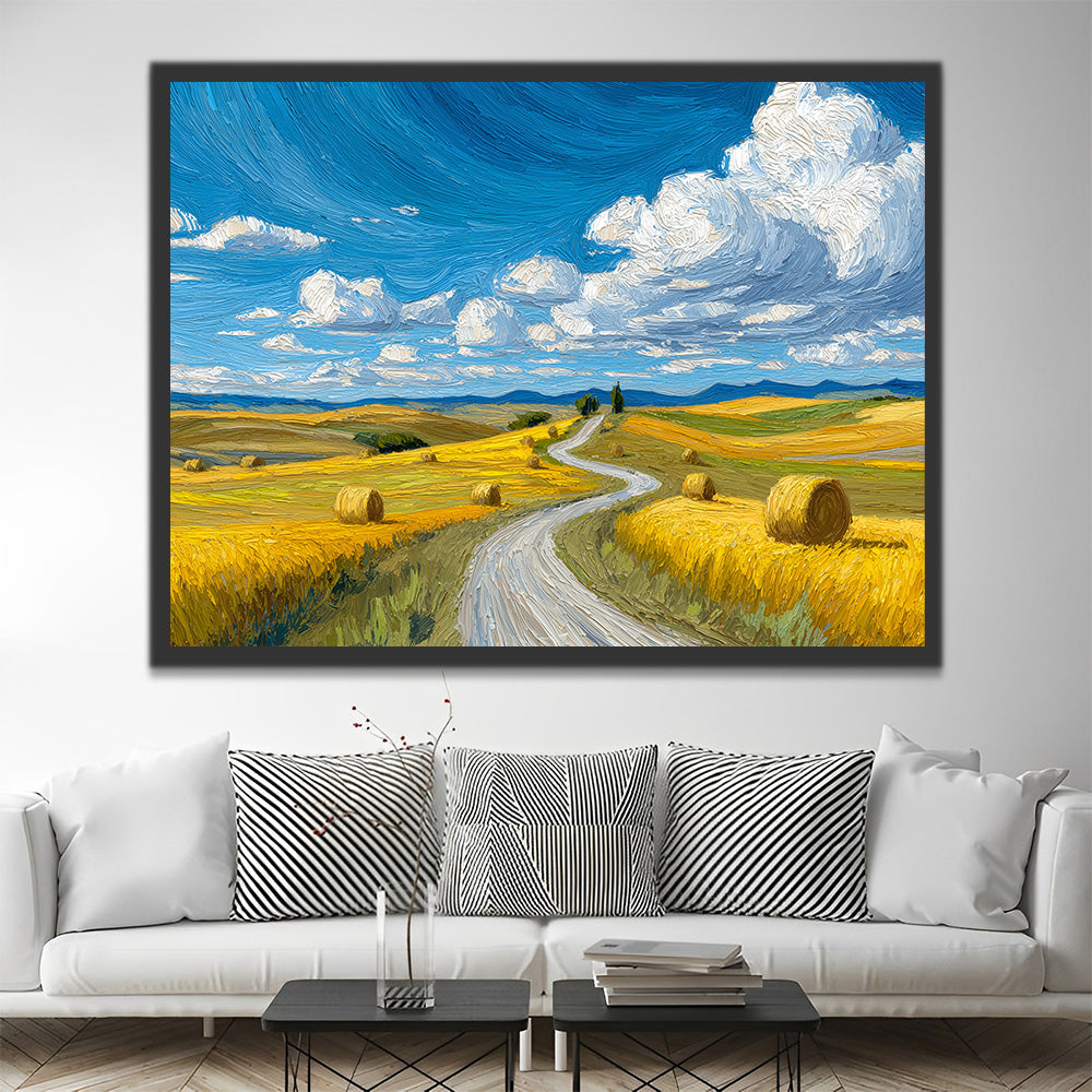 Goldene Felder unter blauem Himmel und weißen Wolken Malen nach Zahlen