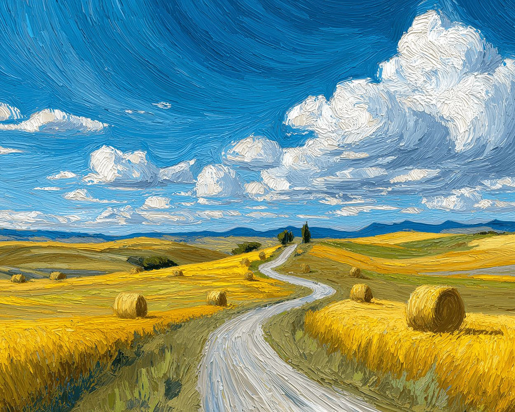 Goldene Felder unter blauem Himmel und weißen Wolken Malen nach Zahlen