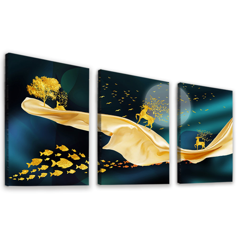 Goldene Hirsche, Baum und Fische 3-teilig Triptychon Malen nach Zahlen