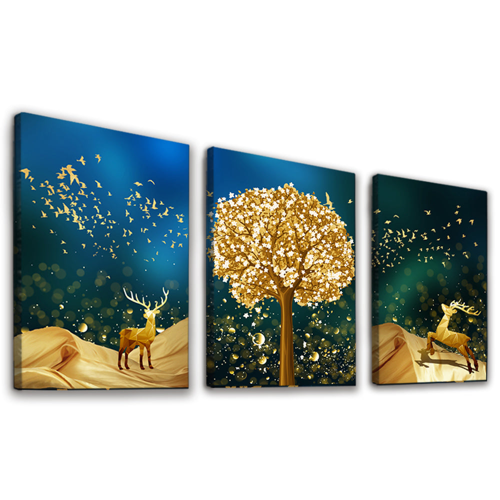 Goldene Hirsche und Baum 3-teilig Triptychon Malen nach Zahlen