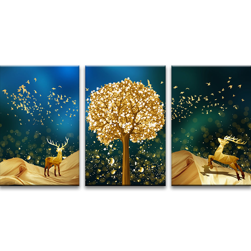 Goldene Hirsche und Baum 3-teilig Triptychon Malen nach Zahlen