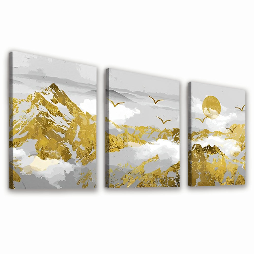 Goldene Sonne, Vögel und Berge 3-teilig Triptychon Malen nach Zahlen