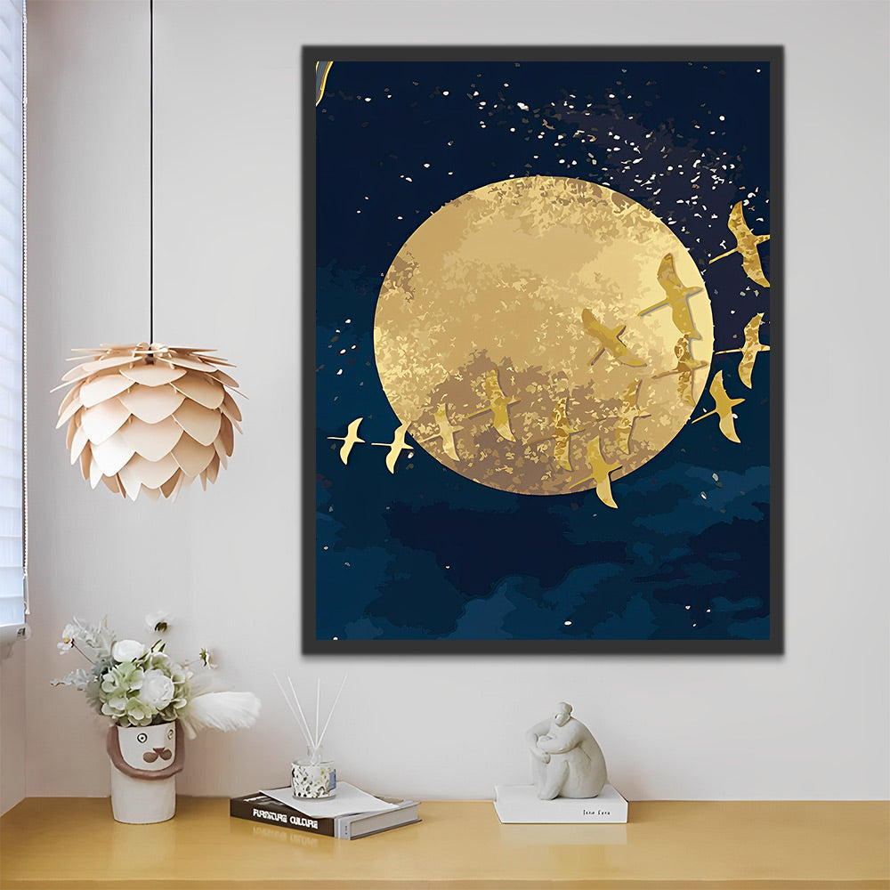 Goldene Vögel und goldener Mond Malen nach Zahlen