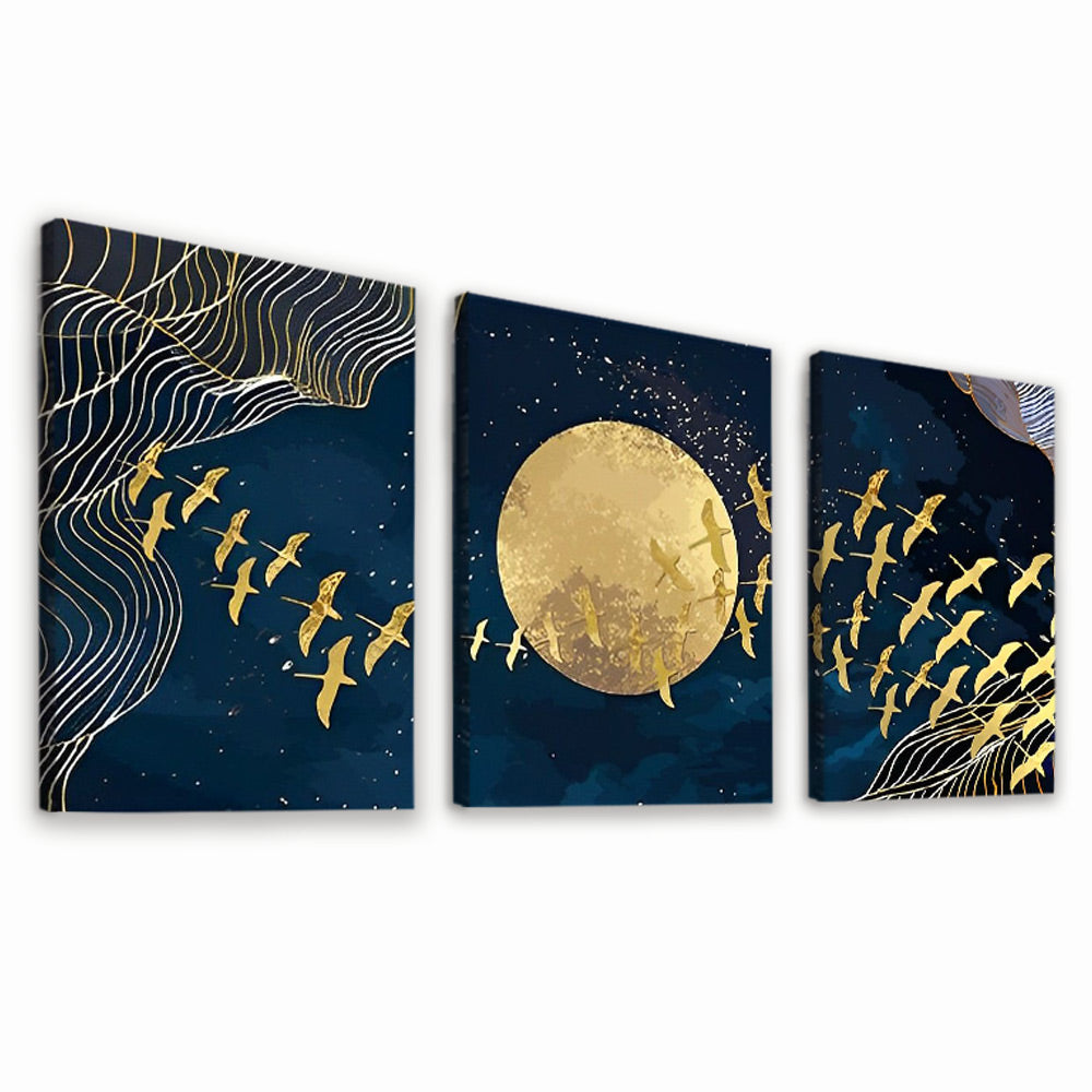 Goldene Vögel und Mond 3-teilig Triptychon Malen nach Zahlen