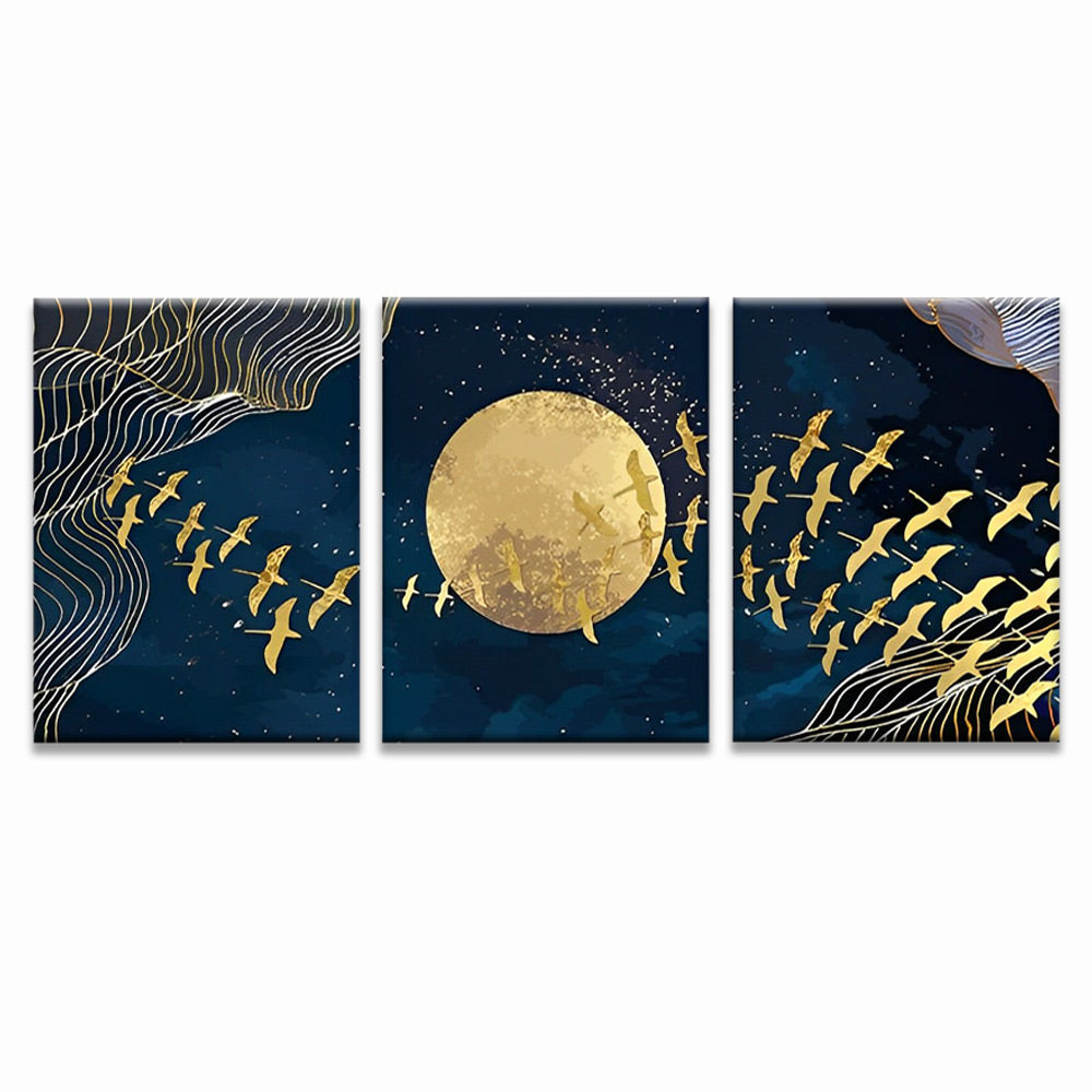 Goldene Vögel und Mond 3-teilig Triptychon Malen nach Zahlen