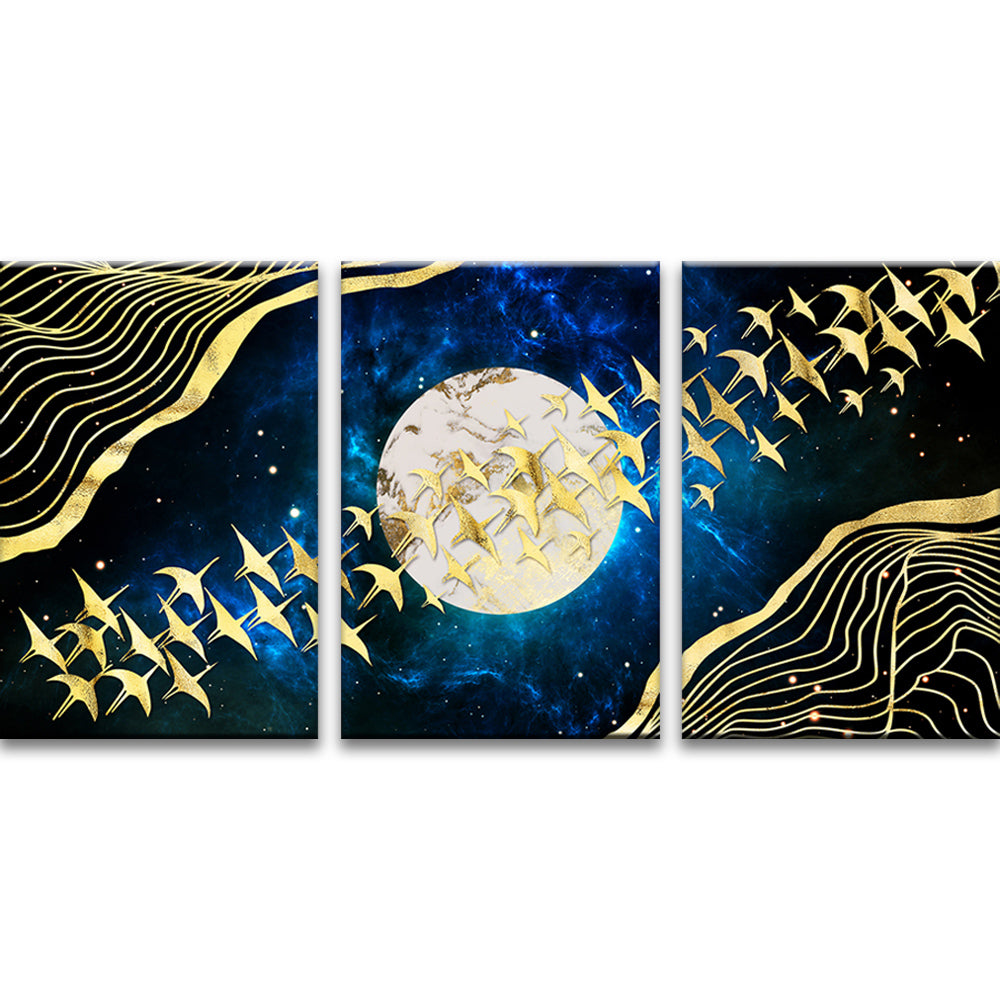 Goldene Vögel und Vollmond 3-teilig Triptychon Malen nach Zahlen