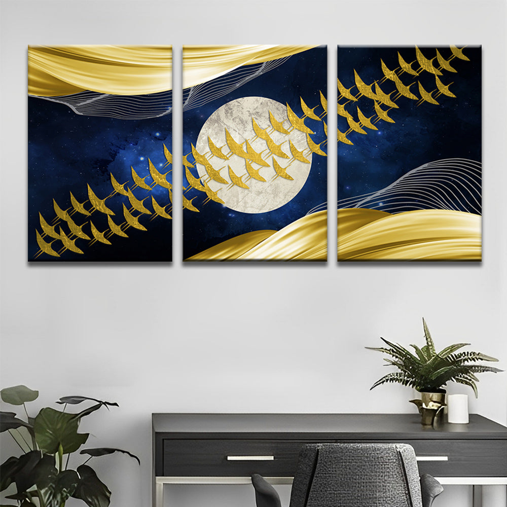 Goldene Vögel und Vollmond 3-teilig Triptychon Malen nach Zahlen