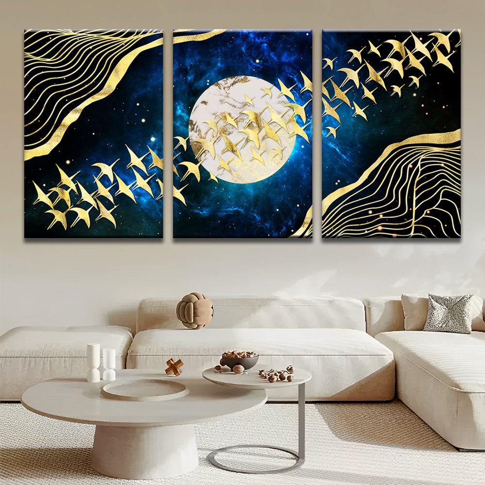 Goldene Vögel und Vollmond 3-teilig Triptychon Malen nach Zahlen