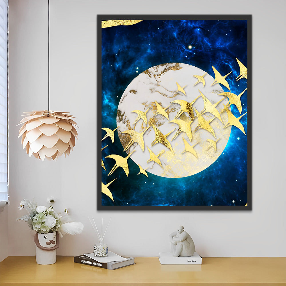 Goldene Vögel und Vollmond Malen nach Zahlen