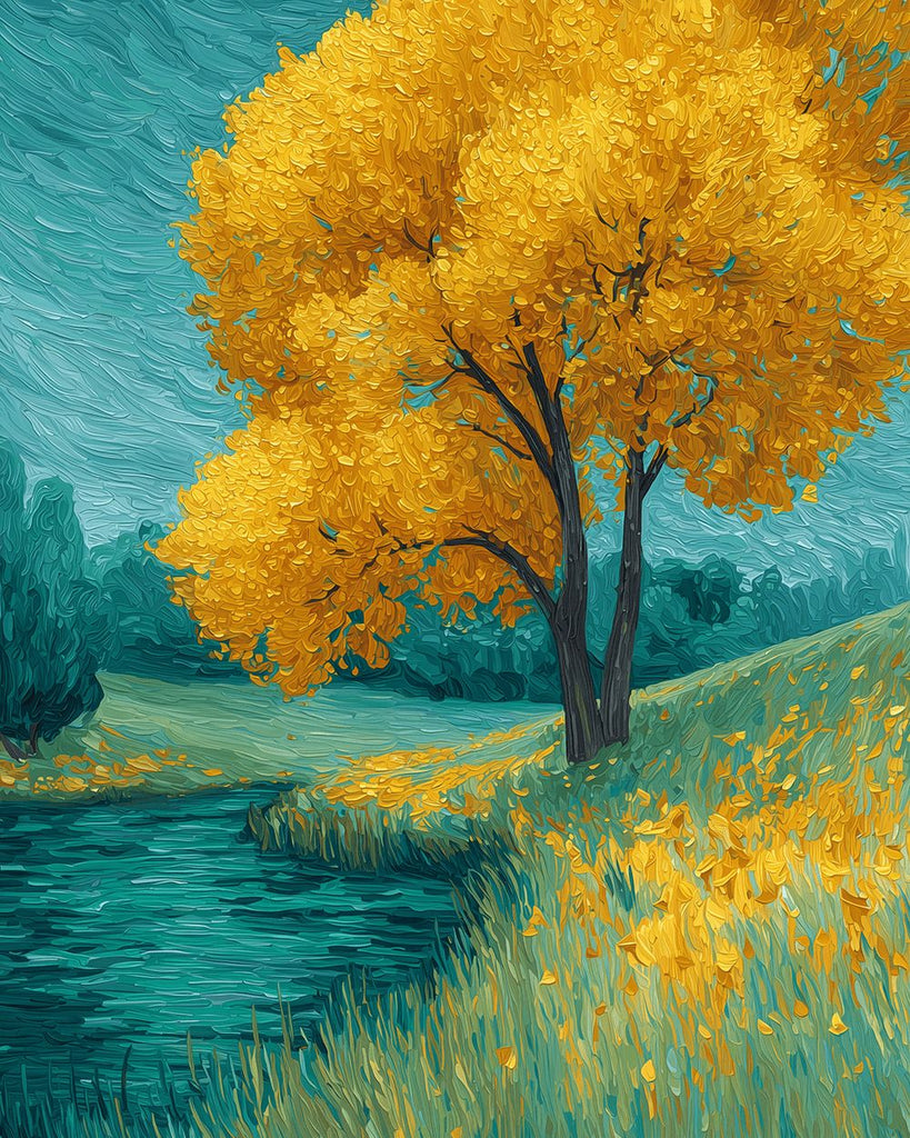 Goldener Baum am Wildfluss Malen nach Zahlen