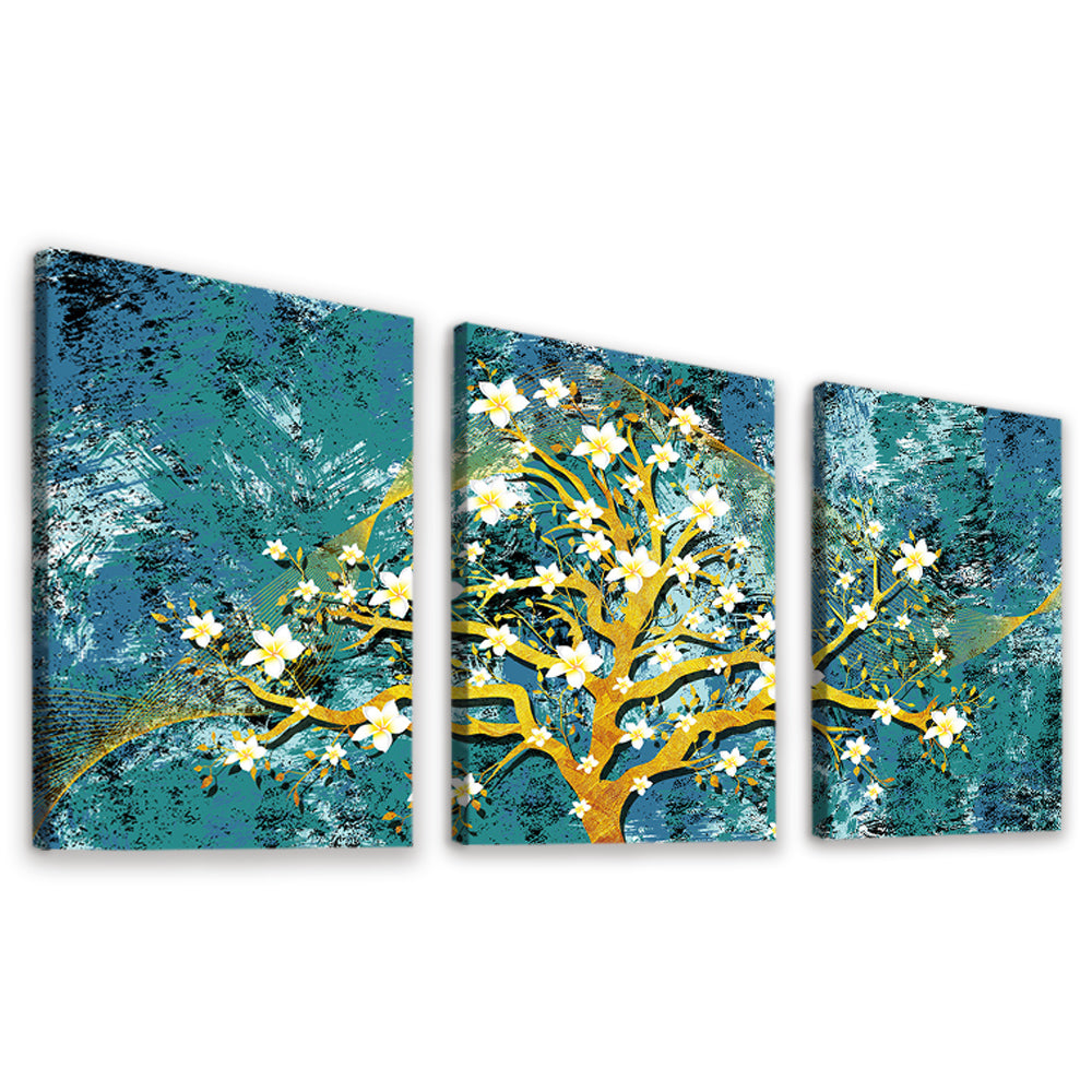 Goldener Baum mit weißen Blumen 3-teilig Triptychon Malen nach Zahlen