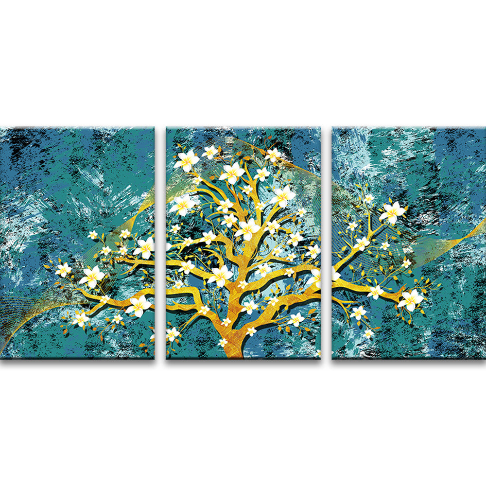 Goldener Baum mit weißen Blumen 3-teilig Triptychon Malen nach Zahlen