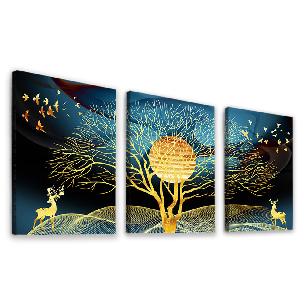 Goldener Baum und Vollmond 3-teilig Triptychon Malen nach Zahlen