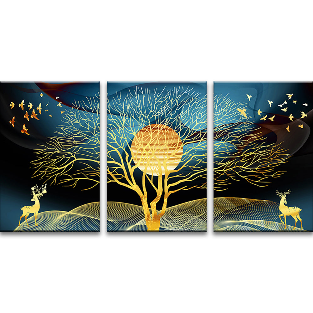 Goldener Baum und Vollmond 3-teilig Triptychon Malen nach Zahlen