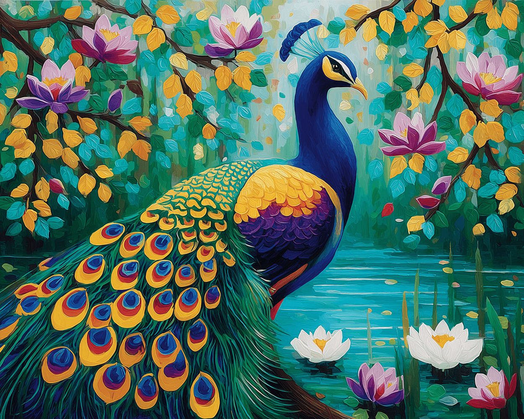Goldener grüner Pfau am Lotusteich Malen nach Zahlen