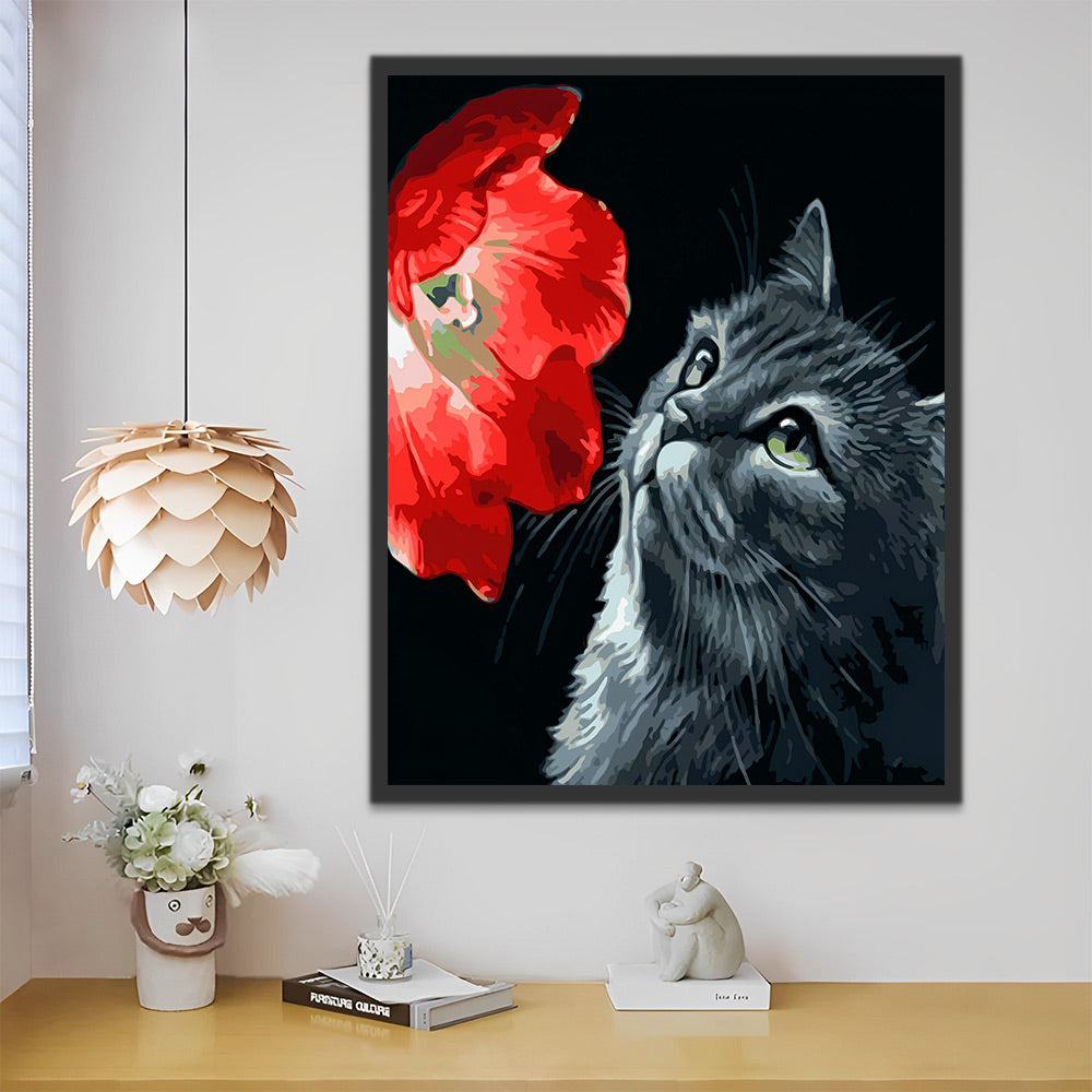 Graue Katze und rote Blume Malen nach Zahlen